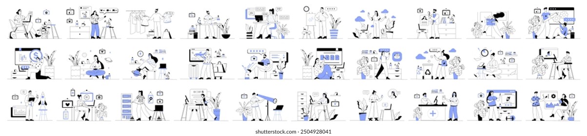 Bundle of blue linear concepts with people scene in flat cartoon design. Situations in various themes are depicted in this collection in a minimalist style. Vector illustration.