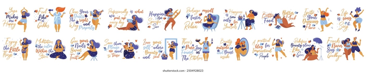 Bundle of body positive concepts with people scene in flat cartoon design. Beautiful happy women and motivational handwritten quotes are featured in this collection. Vector illustration.