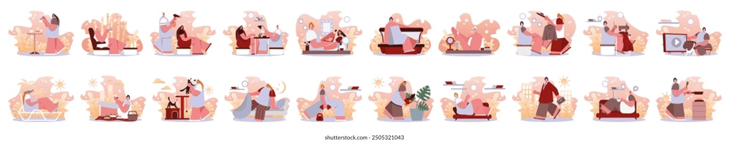 Bundle of body positive concepts with people scene in flat cartoon design. A massive collection of incredible illustrations of happy women in various situations. Vector illustration.