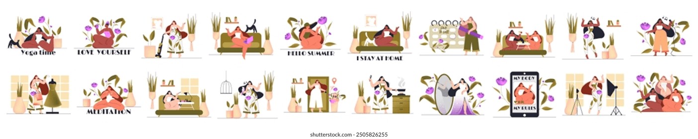 Bundle of body positive concepts with people scene in flat cartoon design. The set of illustrations is made in bright colors and depicts beautiful women. Vector illustration.