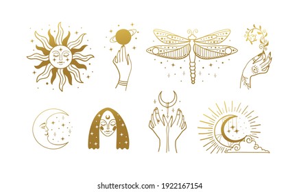 Bundle Of Boho Logos In Gold. Vintage Esoteric Elements For Astrology, Dragonfly, Moon And Sun, Face, Female Hands. Vector Line Illustration Isolated On White Background.