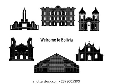Bundle of bolivia famous landmarks by silhouette style,vector illustration