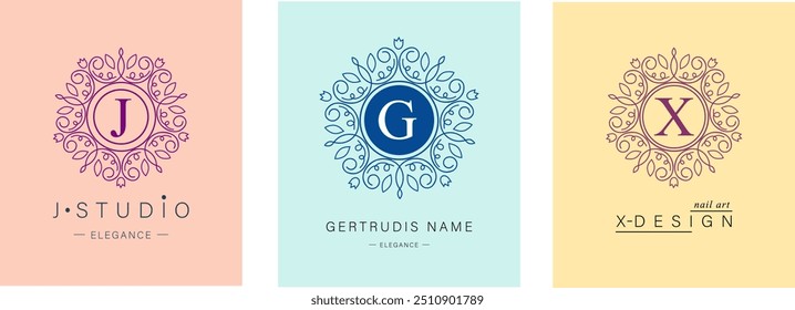 Bundle of Botanical Logos. Monogram of letters G, J, X. with Organic Plant Elements. Vector design. for beauty salon or art studio.