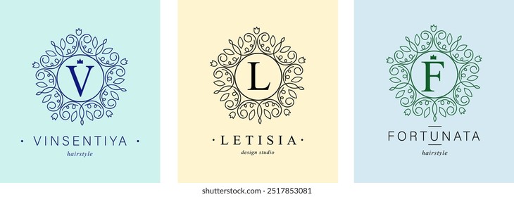 Bundle of Botanical Logos. Monogram of letters V, L, F. with Organic Plant Elements. Vector design. for beauty salon or art studio.