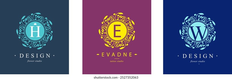 Bundle of Botanical Logos. Monogram of letters H, E , W. with Organic Plant Elements. Vector design. for beauty salon or art studio.