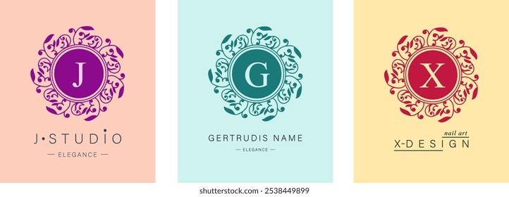 Bundle of Botanical Logos. Monogram of letters J, G ,X. with Organic Plant Elements. Vector design. for beauty salon or art studio.