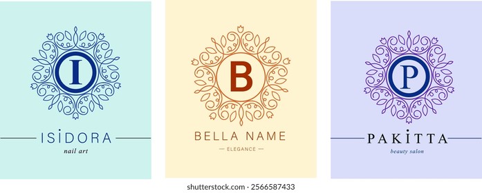 Bundle of Botanical Logos. Monogram of letters I, B, P. with Organic Plant Elements. Vector design. for beauty salon or art studio.