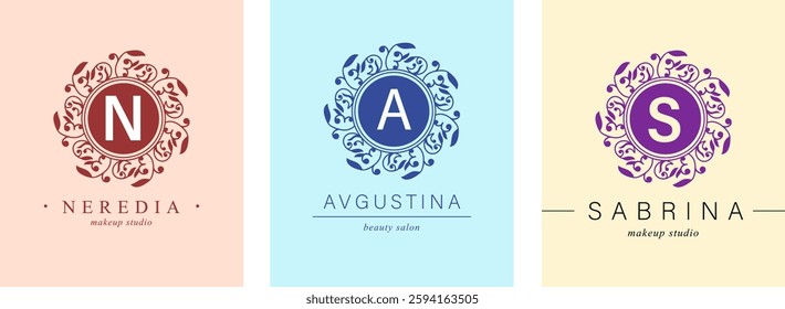 Bundle of Botanical Logos. Monogram of letters N, A ,S. with Organic Plant Elements. Vector design. for beauty salon or art studio.