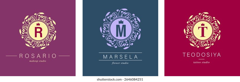 Bundle of Botanical Logos. Monogram of letters R, M , T. with Organic Plant Elements. Vector design. for beauty salon or art studio.