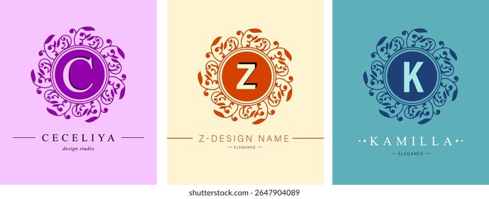 Pacote de logotipos botânicos. Monograma de letras K, C, Z. com elementos vegetais orgânicos. Projeto vetorial. para salão de beleza ou estúdio de arte.