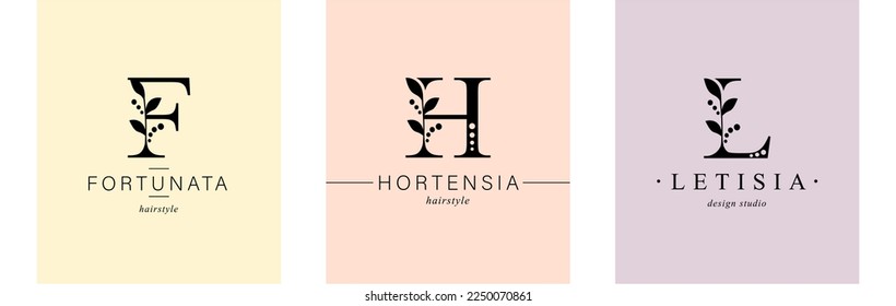 Bundle of Botanical Minimalistic Logos. Monogram of letters F, H, L. with Organic Plant Elements. Vector design. for beauty salon or art studio.