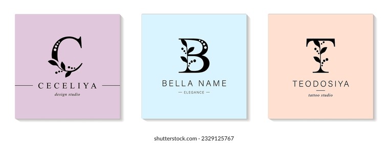 Conjunto de Logotipos Botánicos Minimalistas. Monograma de las letras C, B, T. con los elementos orgánicos de la planta. Diseño de vectores. salón de belleza o estudio de arte.