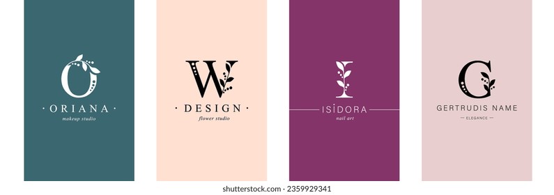 Bundle of Botanical Minimalistic Logos. Monogram of letters O, W, I, G. with Organic Plant Elements. Vector design. for beauty salon or art studio.