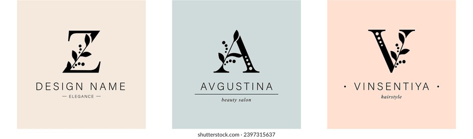 Bundle of Botanical Minimalistic Logos. Monogram of letters Z, A, V. with Organic Plant Elements. Vector design. for beauty salon or art studio.