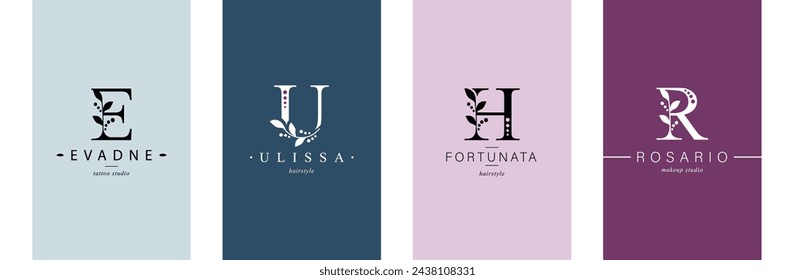 Bundle of Botanical Minimalistic Logos. Monogram of letters E, U, H, R. with Organic Plant Elements. Vector design. for beauty salon or art studio.