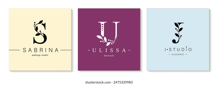 Bundle of Botanical Minimalistic Logos. Monogram of letters S, U, J. with Organic Plant Elements. Vector design. for beauty salon or art studio.