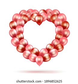 Bundle; bouquet in the shape of a heart of pink and red balloons. Greeting card banner for Valentine's Day and International Women's Day. 3d realistic isolated on white background. Vector.