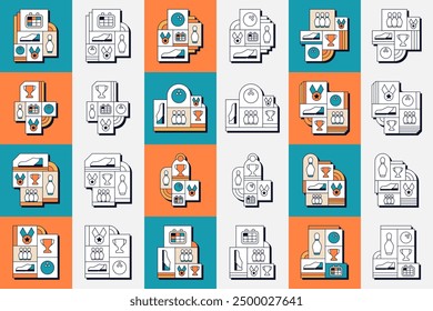 Bundle of Bowling Shoe Skittles Ball Game Competition Trophy Medal Geometric Line Art Illustration