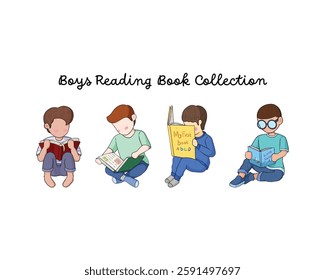 Bundle of boys reading a book. Collection of little boys reading a book on various style on white background. Colorful children illustration on hand drawn style
