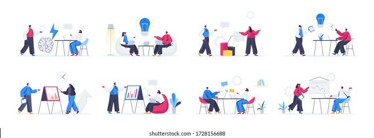 Bundle of brainstorming team scenes. Business idea generation, new solution discussion and presentation flat vector illustration. Bundle of brainstorming activities with people characters in situation
