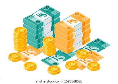 Bundle of Brazilian Real BRL banknotes money and gold coin vector isometric design. Brazil currency, business, finance and Payment element. Can be used for web, mobile, infographic, and print.