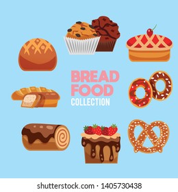 Bundle of breads and homemade baked products of different types
shapes and sizes isolated on blue background