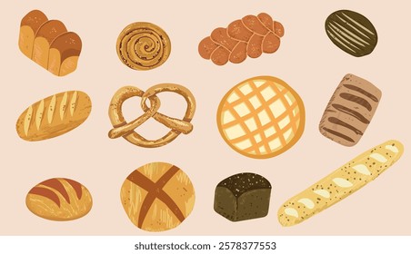 Bundle of breads and homemade baked products of different types, shapes and sizes  - loaf, bun, baguette, toast, pretzel. Hand drawn vector illustration.