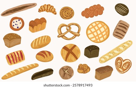 Bundle of breads and homemade baked products of different types, shapes and sizes  - loaf, bun, baguette, toast, muffin, pretzel, waffle. Hand drawn vector illustration.