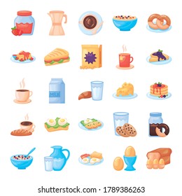conjunto de iconos de juego de alimentos para el desayuno diseño de ilustraciones vectoriales