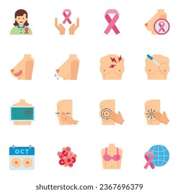 Bundle breast cancer flat color icons set vector image.