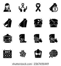 Bundle breast cancer glyph icons set vector image.