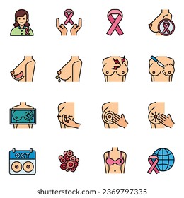 Bundle breast cancer lineal color icons set vector image.