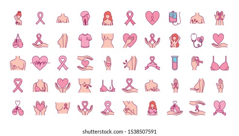 bundle of breast cancer set icons vector illustration design