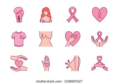 bundle of breast cancer set icons vector illustration design