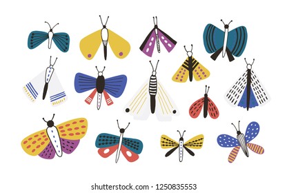 Bundle of bright colored cartoon moths isolated on white background. Set of exotic nocturnal flying insects with colorful wings, butterflies. Natural vector illustration in simple doodle style.