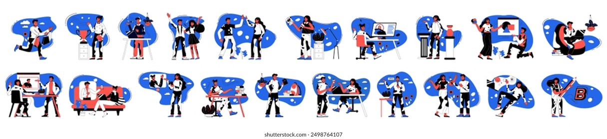 Bundle of bright concepts with people scene in flat cartoon design. Illustrations on many different topics are depicted in this collection on a blue background. Vector illustration.