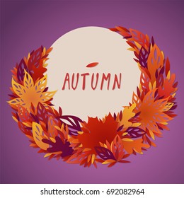 A bundle of bright red, yellow and orange autumn leaves. A frame of autumn leaves around a circle element with a festive text. Autumn design with filigree carved leaves