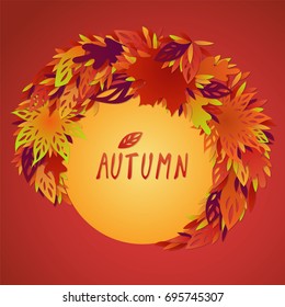 A bundle of bright red, yellow and orange autumn leaves. A frame of autumn leaves around a circle element with a festive text. Autumn design with filigree carved leaves
