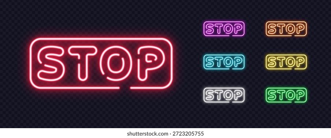Pacote de sinais de néon STOP brilhantes em vários tons, ótimo para avisos, alertas ou controles de interface.