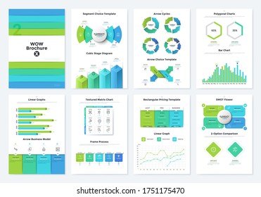 Bundle of brochure pages with bar and matrix charts, SWOT flower diagram, linear graphs, arrow cycles. Simple infographic design templates. Modern vector illustration for business data visualization.