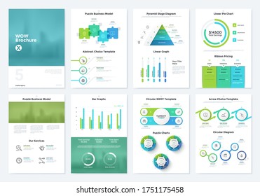 Bundle Of Brochure Pages With Pyramid And Linear Diagram, Jigsaw Puzzle Charts, Ribbon Pricing Table. Simple Infographic Design Templates. Modern Vector Illustration For Business Information Analysis.