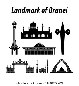 Paquete de famosos monumentos de Brunéi por estilo de silueta, ilustración vectorial