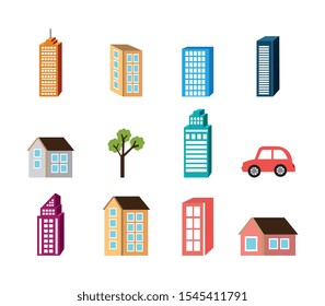 bundle of buildings facades isometric style vector illustration design
