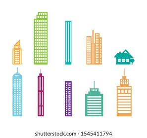 bundle of buildings facades isometric style vector illustration design