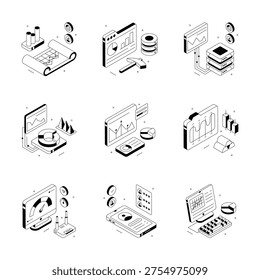 Bundle of business data analysis and statistics isometric illustrations