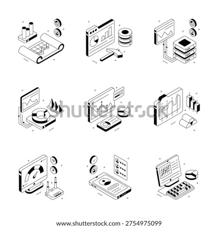 Bundle of business data analysis and statistics isometric illustrations