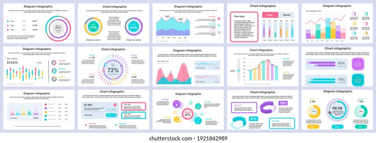 Bundle business and finance infographics presentation slides template. Different charts, diagrams, workflow, flowchart, timeline, schemes design template. Vector info graphic and infographics set.