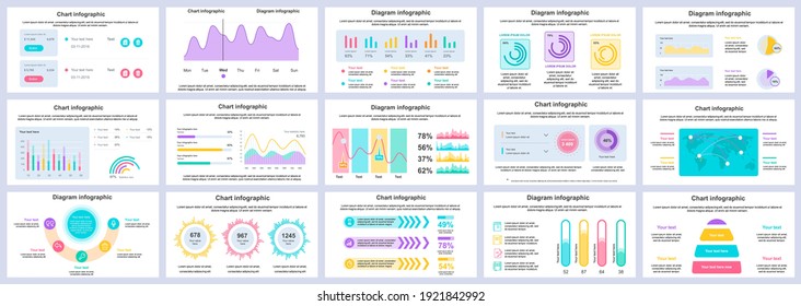 Bundle business and finance infographics presentation slides template. Different charts, diagrams, workflow, flowchart, timeline, schemes design template. Vector info graphic and infographics set.