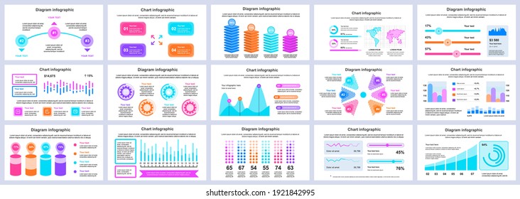 Bundle business and finance infographics presentation slides template. Different charts, diagrams, workflow, flowchart, timeline, schemes design template. Vector info graphic and infographics set.