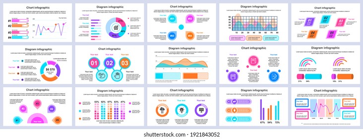 Bundle business and finance infographics presentation slides template. Different charts, diagrams, workflow, flowchart, timeline, schemes design template. Vector info graphic and infographics set.